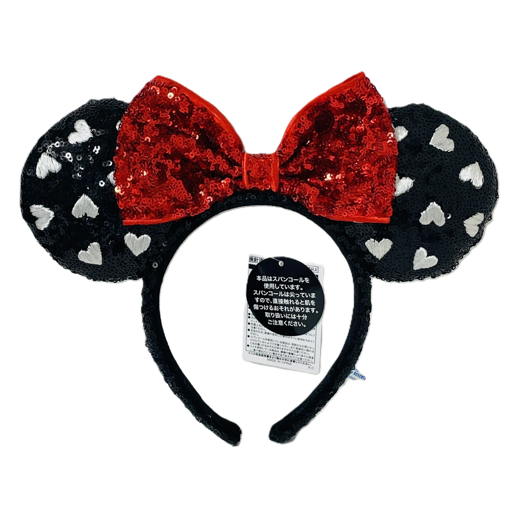 TDR Sequins Minnie Mouse Ears with a Red Bow, Black Sequined Ears, and Heart Polka Dot Design